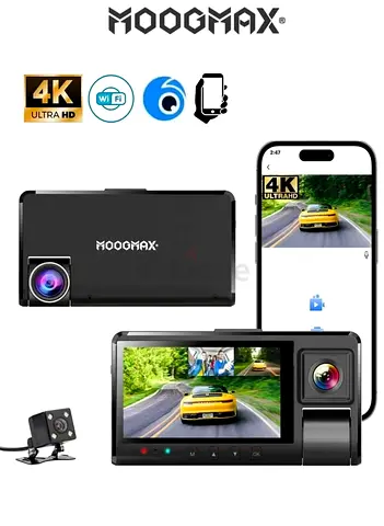 MOOGMAX 4K Ultra HD Dash Cam with 3 Lenses (Front, Rear, Interior) and WiFi App Control