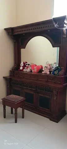 Antique Wooden Dresser with Mirror - Solid Dark Wood, Good Condition, Free Table with Storage