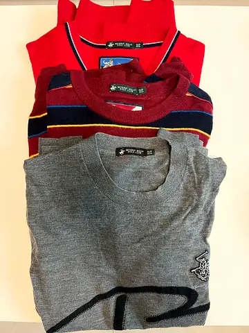 Lot of 3 men's knit sweaters — red, striped, and grey (used)