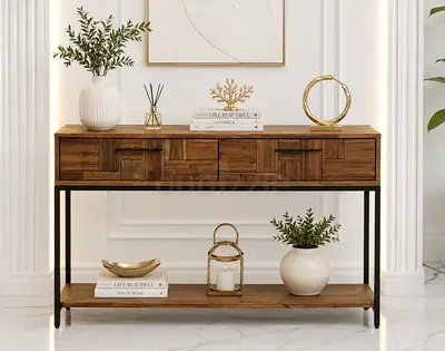 Solid Wood Console Table with Metal Frame - 2 Drawers, Lower Shelf