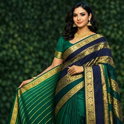 Green and Navy Silk Saree with Gold Brocade Border