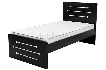 Single black wooden bed frame with mattress included