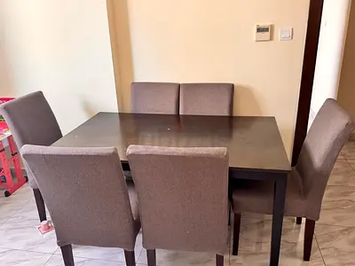 Wooden Dining Table with 6 Upholstered Chairs - Brown