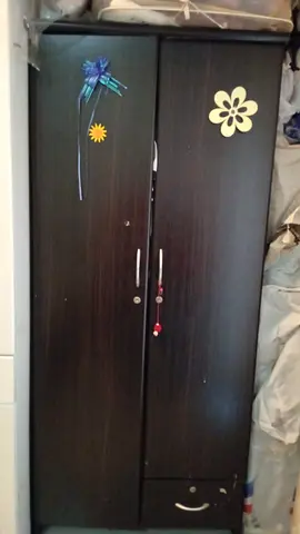 Dark wood 2-door wardrobe with bottom drawer - good condition