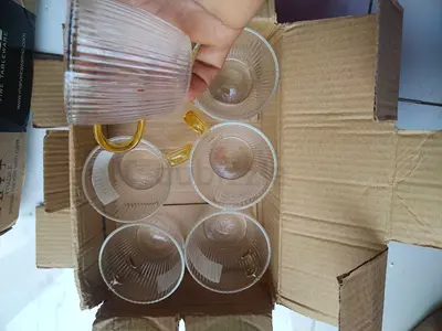 Set of 6 Ribbed Glass Tea Cups with Amber Handles