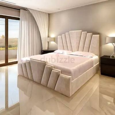 Modern Upholstered Bed with Geometric Fan Design Headboard