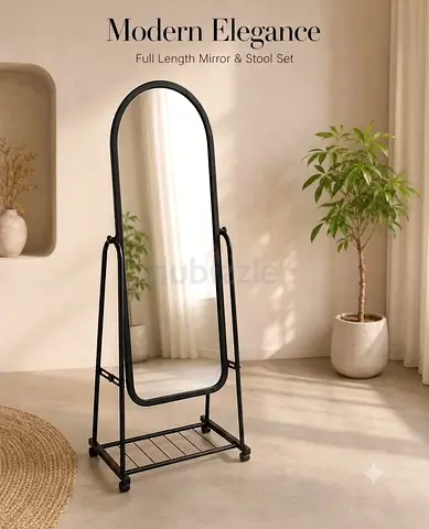 Full-Length Free-Standing Mirror with Metal Frame and Storage Shelf