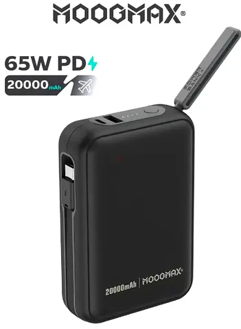 MOOGMAX 20000mAh 65W PD Fast Charging Power Bank with Dual USB & Type-C Ports, Black