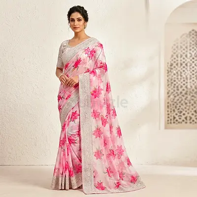 Light Pink Floral Saree with Silver Border