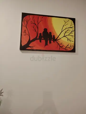 Hand-painted silhouette bird family canvas painting