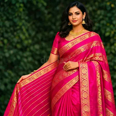 Pink Silk Banarasi Saree with Gold Zari Border