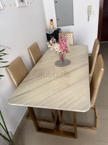 Modern Marble-Effect Dining Table with 6 Upholstered Chairs