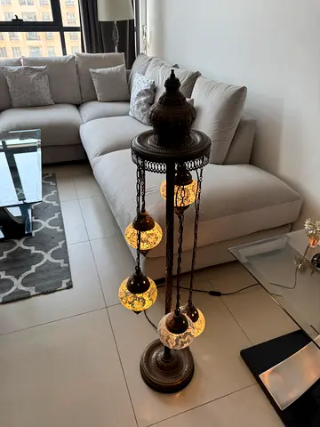 Antique-style Turkish mosaic floor lamp with 5 hanging globes
