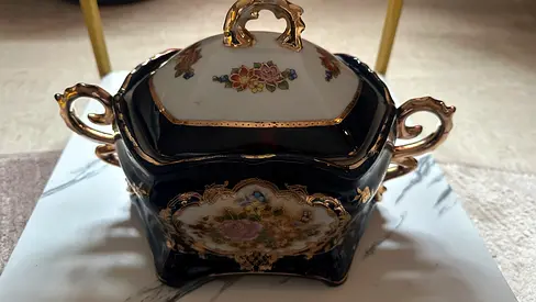 Vintage Cobalt Blue Porcelain Covered Trinket Box with Gold Trim