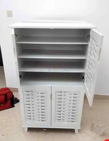 White Wooden Storage Cabinet with Shelves - Good Condition
