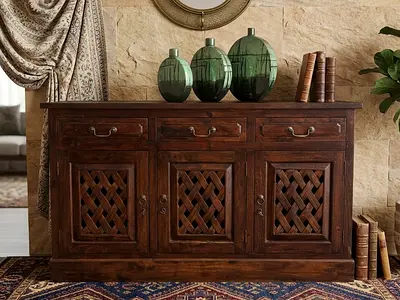 Pottery Barn Rustic Dark Wood Sideboard with Latticed Doors
