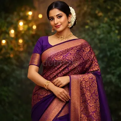 Elegant Purple Banarasi Silk Saree with Gold Zari Work