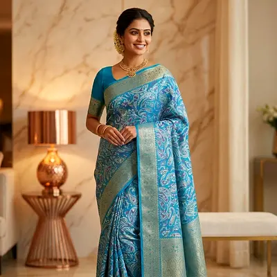 Blue Printed Silk Saree