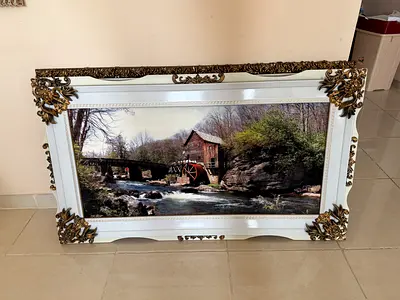 Framed rug with Landscape scenes with Ornate White & Gold Frame