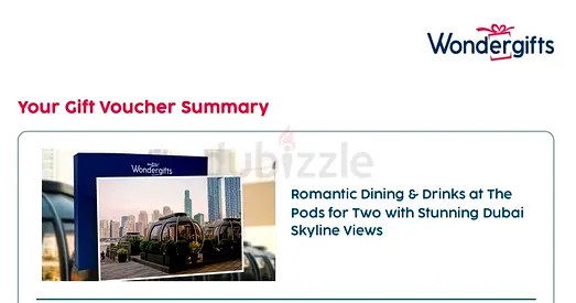 WonderGifts voucher (Dining for 2 at The Pods, Dubai)