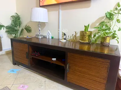 Solid Wood TV Console Cabinet with Sliding Doors - Dark Brown