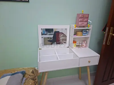 White Dressing Table with Mirror and Storage Shelves