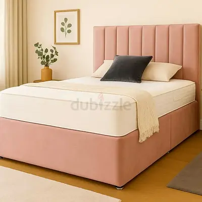 Modern Pink Velvet Bed Fluted Headboard  without Mattress