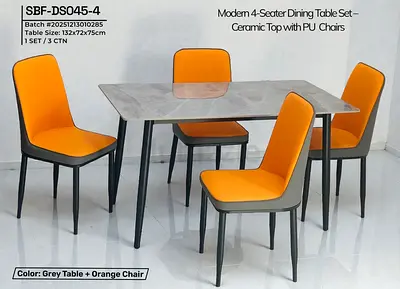 Modern 4-Seater Dining Table Set with Ceramic Top and Orange PU Chairs