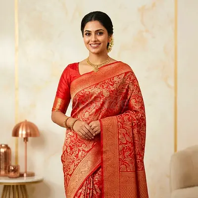 Red Banarasi Silk Saree with Gold Zari Work