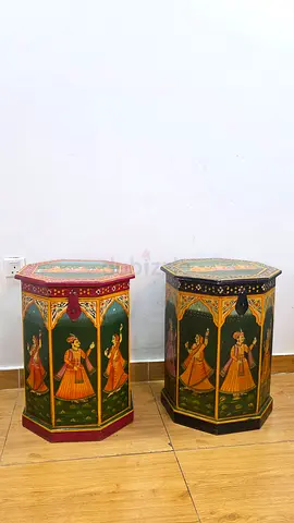 Pair of Hand-Painted Rajasthani Wooden Storage Chests / Side Tables – Vintage Indian Decor