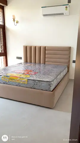 Beige Upholstered Double Bed with Headboard