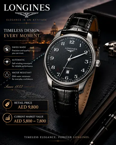 Longines mens wristwatch with black leather strap - classic automatic look