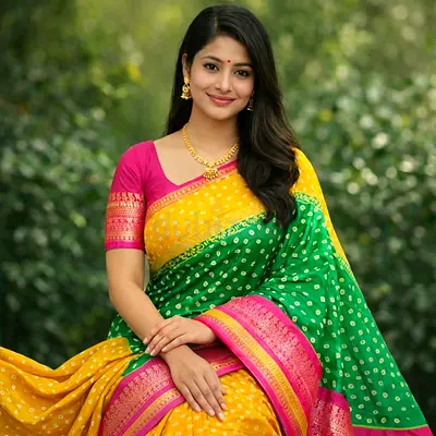Green and Yellow Silk Saree with Pink Border