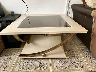Wood & Glass Coffee Table with Curved Gold Accents - Good Condition