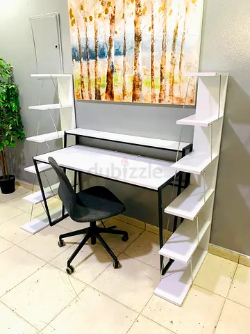 White modern study desk with side shelving and swivel chair - good condition