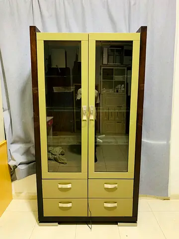 Wooden Display Cabinet with Glass Doors and 4 Drawers - Good Condition