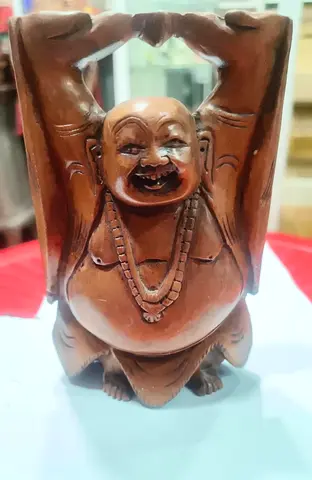 Hand-carved Wooden Laughing Buddha Statue 9x13cm
