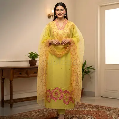 Light Yellow Embroidered Salwar Kameez Saree