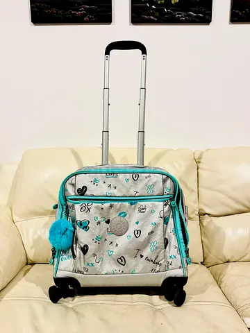 Kipling Rolling Backpack with Extendable Handle (Light Grey & Teal)