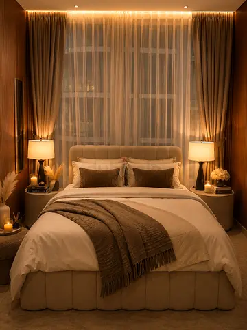 Cozy upholstered double bed with bedside tables