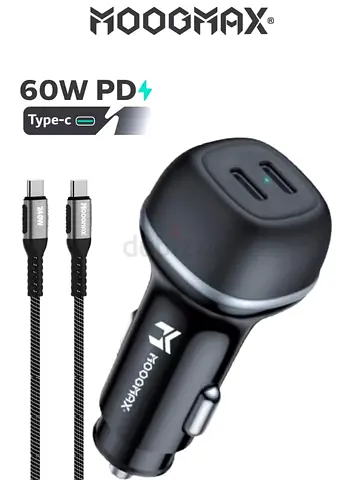 Car charger with charging cable. A charger with a charging speed of up to 60W spread over two Type-C