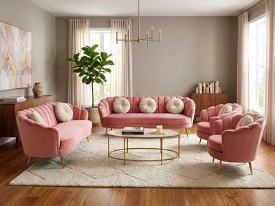 Pink Velvet 3-Seater Sofa + Matching Armchairs Set - Modern Living Room Set