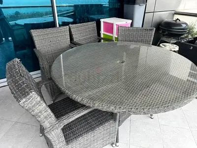 Grey Rattan Garden Dining Set with Glass Top Table
