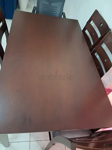 Solid wood dining table with 6 matching chairs - dark brown