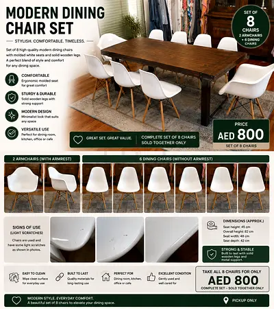 Set of 8 Modern Dining Chairs with Wooden Legs (White) — Good Condition
