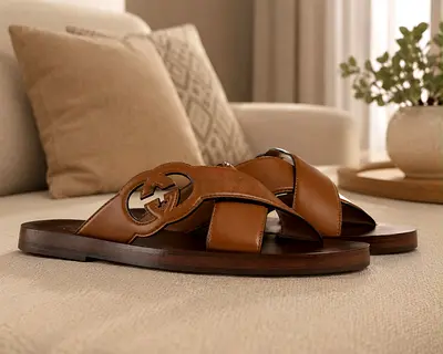 Gucci -Brown Leather Slide Sandals with Logo Cutout - Men’s Size New