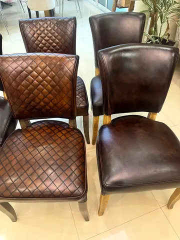 x5 MARINA HOME Timothy Oulton Mimi brown leather dining chairs with weathered wooden legs