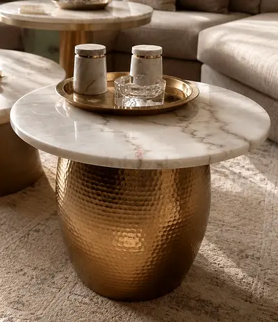 Designer Calacatta Marble Side Table | Custom Handmade | Brass Finish
