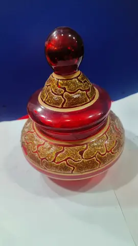 Red Decorative Glass Jar with Gold Detailing 14x14cm