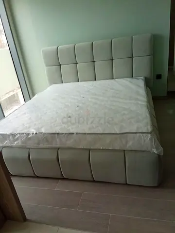 Brand new upholstered bed frame with headboard and mattress - light grey